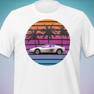 Retro 80s Ferrari Testarossa T-Shirt – Vaporwave Aesthetic Sunset Tee – Synthwave Car Shirt with Neon Palm Trees – Unisex Soft Cotton