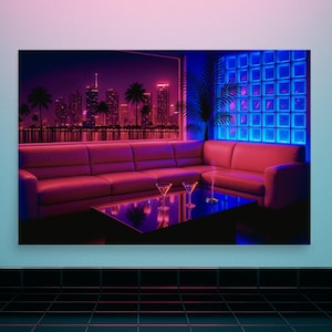 May include: A neon-lit interior scene featuring a pink sectional sofa, a black coffee table with two martini glasses, and a cityscape view through a window. The room has a retro aesthetic with blue and pink lighting, and a palm tree.