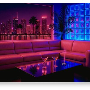 May include: A retro-style interior scene with a pink leather sectional sofa, a black glass coffee table, and two martini glasses. The background features a cityscape with palm trees and a neon-lit skyline, creating a vibrant, futuristic atmosphere.