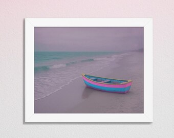 Lonely Beach Boat – Retro Framed Art Print