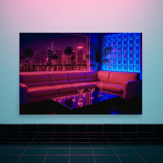 Retro Miami Art Print: 80s Neon Cityscape, Vaporwave Decor