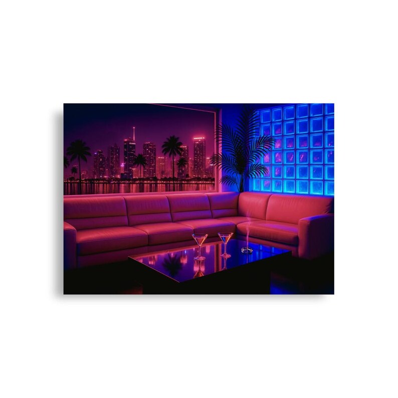 Retro Miami Living Room Art Print – 80s Neon Cityscape Wall Art, Vaporwave Interior Decor, Liminal Space Aesthetic Poster