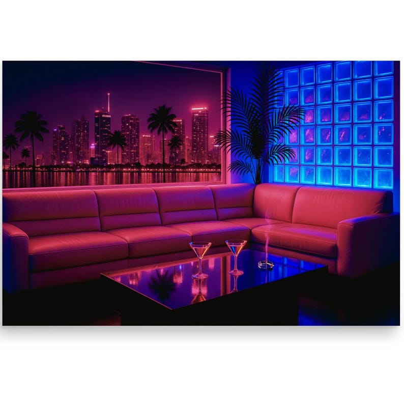 May include: A retro-style interior scene with a pink leather sectional sofa, a black glass coffee table, and two martini glasses. The background features a cityscape with palm trees and a neon-lit skyline, creating a vibrant, futuristic atmosphere.