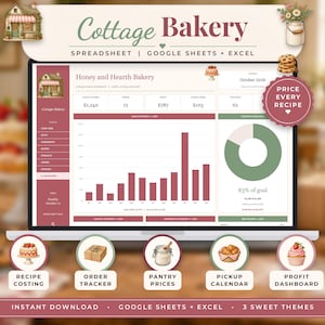 May include: A digital Cottage Bakery spreadsheet for Google Sheets and Excel featuring a dashboard with sales charts, a pie graph, and navigation tabs. Includes icons for recipe costing, order tracking, pantry prices, and a pickup calendar.
