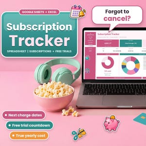Subscription Tracker Spreadsheet, Recurring Payments and Renewal Date Planner for Google Sheets and Excel