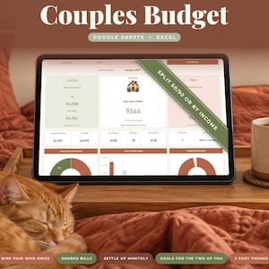 May include: A digital tablet displaying a Couples Budget spreadsheet for Google Sheets and Excel. The screen shows financial data, charts, and a green banner with the text SPLIT 50/50 OR BY INCOME. The interface includes sections for monthly bills, shared expenses, and savings goals.