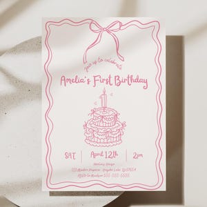 Coquette Bow Birthday Invitation Pink Bow Birthday Decor Girl First Birthday Invite Editable Birthday Invitation Template Canva Pink Bow 1st