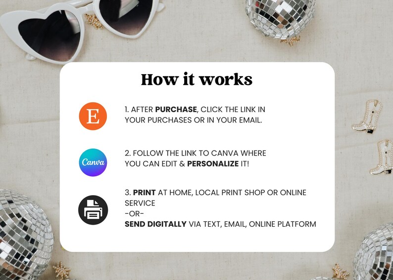 May include: White heart-shaped sunglasses and disco ball ornaments surround a white card with the text "How it works". The card explains the steps to edit and personalize a digital product.