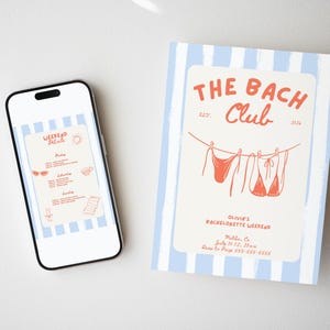 Pu&ograve; includere: Uno smartphone mostra un itinerario a tema spiaggia accanto a un invito abbinato. L'invito presenta il testo "The Bach Club" con illustrazioni di costumi da bagno appesi a un filo, il tutto in arancione chiaro.