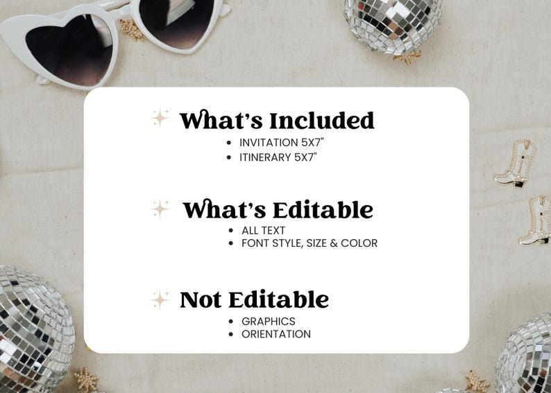 May include: A white invitation design with the text "What's Included" and "What's Editable". The invitation includes a 5x7 inch invitation and itinerary. All text, font style, size, and color are editable. Graphics and orientation are not editable.