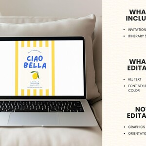 Puede incluir: Una computadora port&aacute;til muestra un dise&ntilde;o de invitaci&oacute;n digital con las palabras "Ciao Bella" en azul, una ilustraci&oacute;n de lim&oacute;n amarillo y rayas amarillas y blancas. La pantalla tambi&eacute;n muestra el texto "Qu&eacute; est&aacute; incluido", "Qu&eacute; es editable" y "No editable".