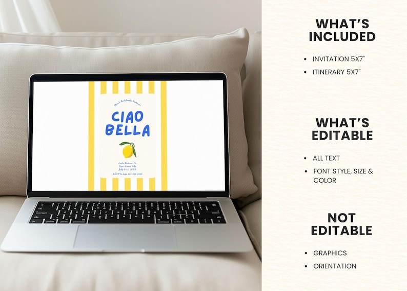 Puede incluir: Una computadora port&aacute;til muestra un dise&ntilde;o de invitaci&oacute;n digital con las palabras "Ciao Bella" en azul, una ilustraci&oacute;n de lim&oacute;n amarillo y rayas amarillas y blancas. La pantalla tambi&eacute;n muestra el texto "Qu&eacute; est&aacute; incluido", "Qu&eacute; es editable" y "No editable".