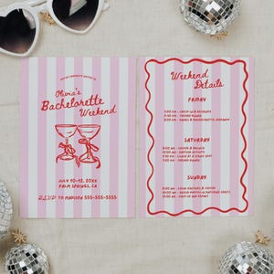 May include: A pink and white striped bachelorette weekend invitation with the text "Olivia's Bachelorette Weekend". The invitation includes weekend details, dates, and a RSVP contact. The invitation is surrounded by disco balls and heart-shaped sunglasses.