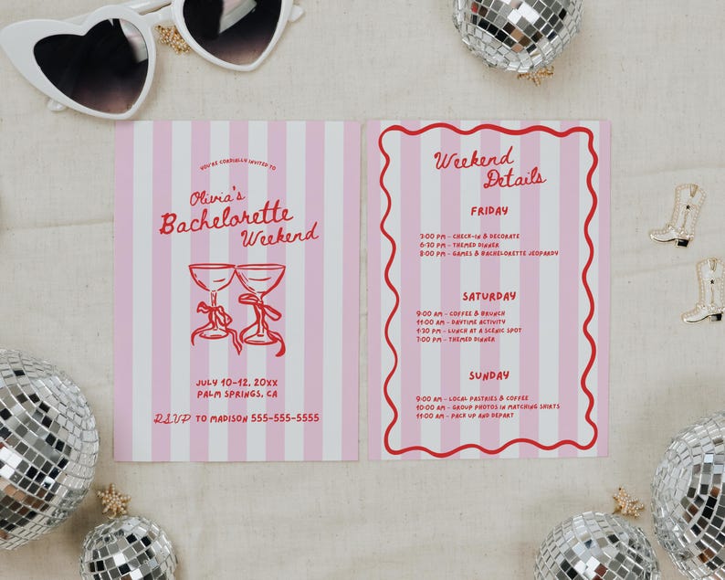 May include: A pink and white striped bachelorette weekend invitation with the text "Olivia's Bachelorette Weekend". The invitation includes weekend details, dates, and a RSVP contact. The invitation is surrounded by disco balls and heart-shaped sunglasses.