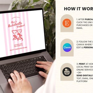 May include: A laptop screen displays a pink and white striped bachelorette party invitation with text and two wine glasses. The laptop is open, and the text "How it Works" is visible on the right side of the screen.