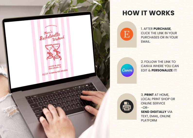 May include: A laptop screen displays a pink and white striped bachelorette party invitation with text and two wine glasses. The laptop is open, and the text "How it Works" is visible on the right side of the screen.