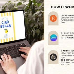 Puede incluir: Una computadora port&aacute;til muestra un dise&ntilde;o con las palabras "CIAO BELLA" y una ilustraci&oacute;n de lim&oacute;n. El dise&ntilde;o est&aacute; sobre un fondo blanco con rayas amarillas. La pantalla tambi&eacute;n muestra instrucciones.