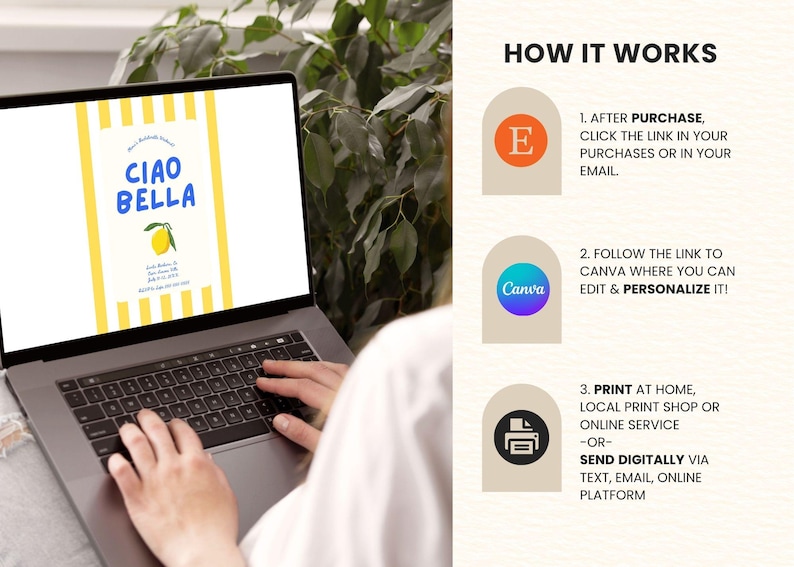 Puede incluir: Una computadora port&aacute;til muestra un dise&ntilde;o con las palabras "CIAO BELLA" y una ilustraci&oacute;n de lim&oacute;n. El dise&ntilde;o est&aacute; sobre un fondo blanco con rayas amarillas. La pantalla tambi&eacute;n muestra instrucciones.