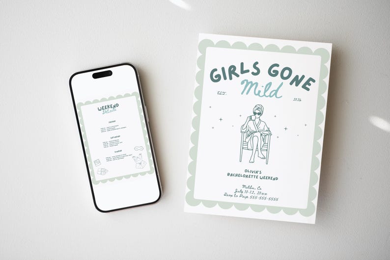 May include: A smartphone and a printed invitation with a light green scalloped border. The invitation reads "Girls Gone Mild" with a line drawing of a person in a robe. The phone displays a menu with similar design elements.