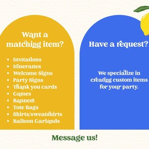 Puede incluir: Imagen con texto que promociona art&iacute;culos para fiestas, incluyendo invitaciones y pancartas. Tambi&eacute;n ofrece art&iacute;culos personalizados. Hay una ilustraci&oacute;n de un lim&oacute;n en la parte superior. El texto dice: "&iexcl;Cont&aacute;ctanos!"