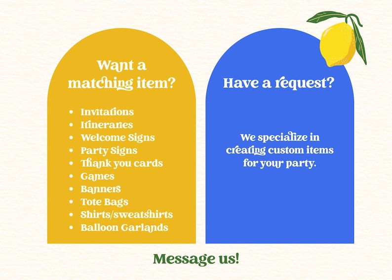 Puede incluir: Imagen con texto que promociona art&iacute;culos para fiestas, incluyendo invitaciones y pancartas. Tambi&eacute;n ofrece art&iacute;culos personalizados. Hay una ilustraci&oacute;n de un lim&oacute;n en la parte superior. El texto dice: "&iexcl;Cont&aacute;ctanos!"