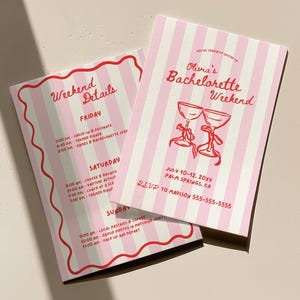 May include: Two pink and white striped bachelorette weekend invitation cards. The cards have red text and a wavy red border. One card reads "Olivia's Bachelorette Weekend" with event details and a phone number.