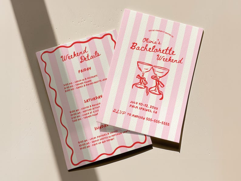 May include: Two pink and white striped bachelorette weekend invitation cards. The cards have red text and a wavy red border. One card reads "Olivia's Bachelorette Weekend" with event details and a phone number.