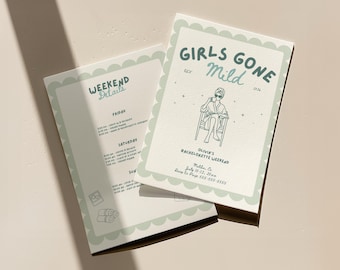 Invitación de despedida de soltera de Girls Gone Mild, itinerario de spa para despedida de soltera, invitación para despedida de soltera, itinerario de fin de semana de despedida de soltera, fin de semana de despedida de soltera, fiesta de spa