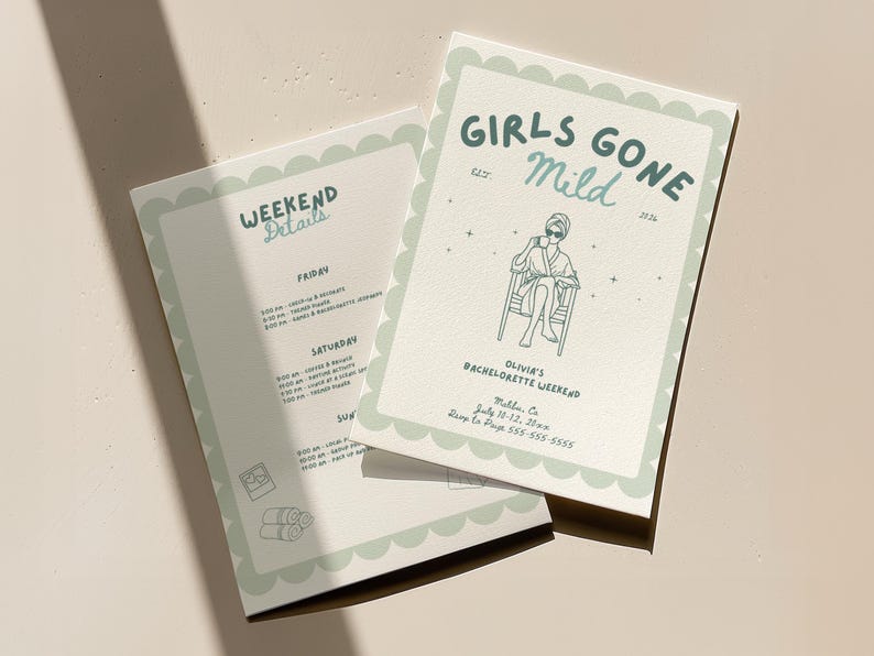 May include: Two light green and white printed cards. The top card reads "GIRLS GONE Mild" with an illustration of a person in a robe. The bottom card says "WEEKEND Details" with a list of activities. The cards are for Olivia's Bachelorette Weekend.