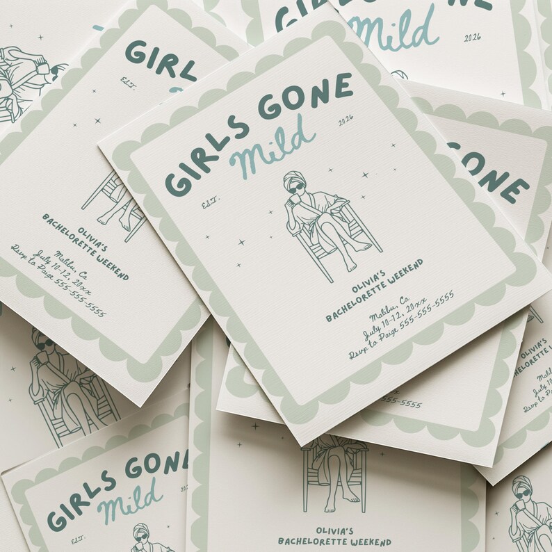 May include: A collection of light green and white bachelorette party invitations. Each invitation features the text "GIRLS GONE Mild" and an illustration of a person relaxing in a chair. The invitations are for Olivia's Bachelorette Weekend.