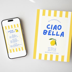 Puede incluir: Un smartphone y una tarjeta con un dise&ntilde;o de rayas amarillas y blancas. La tarjeta dice "Ciao Bella" en letras azules, con una ilustraci&oacute;n de lim&oacute;n. El tel&eacute;fono muestra "Weekend Details" con un gr&aacute;fico de lim&oacute;n y un horario.