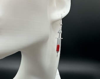 Spritze Ohrringe | 3D gedruckter medizinischer Schmuck, Krankenschwester-Doktorgeschenk, lustige Erklärungsohrringe