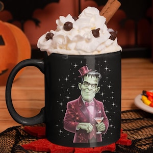 Frankenstein Glam Mug ~ 11 oz Black Halloween Coffee Cup with Glamerous Monster Design, Spooky Cocktail Vibes, Gothic Horror Gift for Him