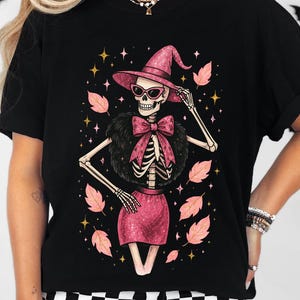 Glam Skeleton Halloween Shirt - Pink Sparkle Skeleton Tee - Cute Spooky Shirt for Women - Comfort Colors Black Fall Aesthetic T-Shirt