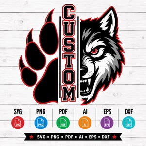 Puede incluir: Un diseño gráfico digital que presenta una imagen dividida con una huella de pata negra a la izquierda y una cabeza de lobo gruñendo a la derecha, separadas por el texto vertical CUSTOM. Debajo hay seis iconos circulares SVG, PNG, PDF, AI, EPS y DXF.