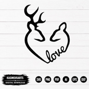 May include: A black line art graphic featuring two deer silhouettes facing each other to form a heart shape, with the word love integrated into the lower right curve. Below, the text KASIMSVGARTS DIGITAL DOWNLOAD appears with file format icons.