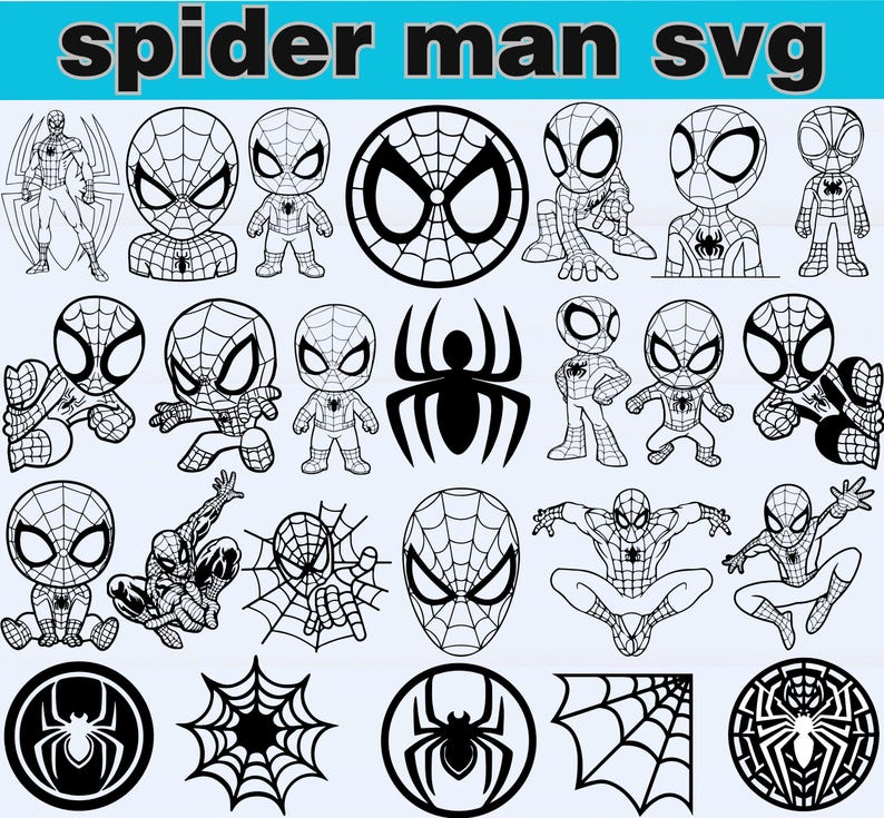 May include: A collection of black and white Spider-Man SVG designs. The image includes various illustrations of Spider-Man in different poses, along with spider web and spider logos. The text "spider man svg" is at the top.
