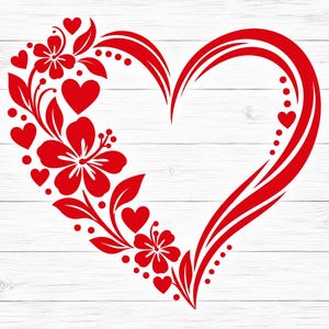 May include: A bright red graphic decal featuring a heart shape outlined with flowing lines. The left side of the heart is adorned with stylised hibiscus flowers, leaves, and small solid hearts, while the right side consists of smooth, curved lines.