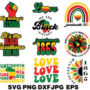 May include: A collection of colorful graphic designs with themes of Black history and Juneteenth. Designs include text like "My history is strong," "Black History," and "Juneteenth 1865," along with images of a raised fist, a heart, and a map of Africa.