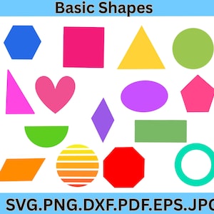 Puede incluir: Un gráfico colorido con varias formas básicas en diferentes colores, incluyendo un hexágono azul, un cuadrado rosa, un triángulo amarillo y un círculo verde. El texto "Basic Shapes" está en la parte superior, con opciones de tipo de archivo en la parte inferior.