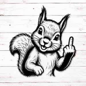 Könnte beinhalten: Eine schwarz-weiße grafische Illustration eines Eichhörnchens mit großen Augen und buschigem Schwanz. Das Eichhörnchen hat einen lächelnden Ausdruck und hebt eine seiner Vorderpfoten, um eine Mittelfinger-Geste in einem kräftigen Linienstil zu zeigen.