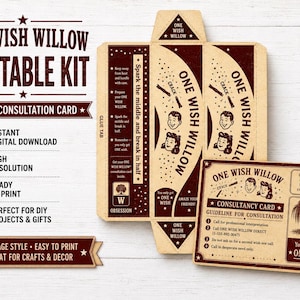May include: A printable kit for a One Wish Willow box and consultation card. The tan paper features dark brown text and illustrations, including a willow tree, faces, and instructions to spark the middle and break the box in half.