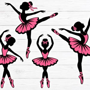 May include: Four black silhouettes of ballet dancers in various poses. Each dancer wears a bright pink tutu, pink ballet slippers with ribbons, and a pink hair accessory. The figures are arranged against a white wood grain background.