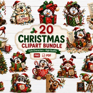 Puede incluir: Una colección digital de 20 ilustraciones con temática navideña que presenta personajes de dibujos animados como renos, muñecos de nieve, Santa Claus, elfos, pingüinos y mapaches con el texto 20 CHRISTMAS CLIPART BUNDLE PNG PDF.