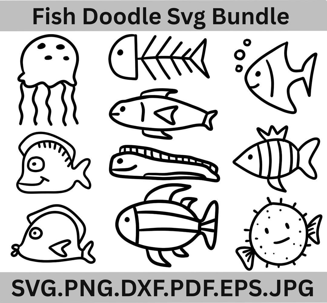 Fish Doodle SVG Bundle, Hand-drawn Sea Life Vector Art (digital ...