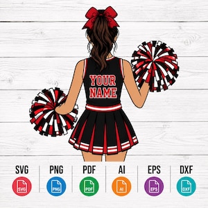 Pode incluir: Uma ilustração digital de uma líder de torcida vista por trás, vestindo um uniforme preto e vermelho com o texto YOUR NAME nas costas. A figura tem cabelo castanho com um grande laço vermelho e segura dois pompons com fios pretos, vermelhos e brancos.