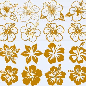 Peut inclure: Divers motifs de fleurs d'hibiscus dorées et marron sur fond bleu clair. L'image présente différents styles, allant du contour au remplissage, avec des détails variés. Idéal pour la décoration ou le design.