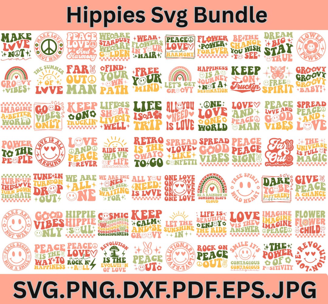 Retro 70s Hippie SVG Bundle, Boho Soul Clipart, Peace Love Cut Files - Etsy