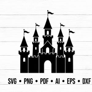 Puede incluir: Una silueta negra de un castillo con cinco torres, cada una coronada con una pequeña bandera. Debajo del castillo, el texto muestra SVG, PNG, PDF, AI, EPS y DXF, indicando los formatos de archivo disponibles para este diseño digital.