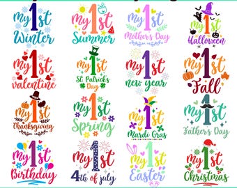 Puede incluir: Un conjunto de diseños SVG coloridos para las primeras fiestas del bebé, que incluyen Invierno, Verano, Día de la Madre, Halloween, San Valentín, Día de San Patricio, Año Nuevo, Otoño, Acción de Gracias, Primavera, Mardi Gras, Día del Padre, Cumpleaños, 4 de julio, Pascua y Navidad.